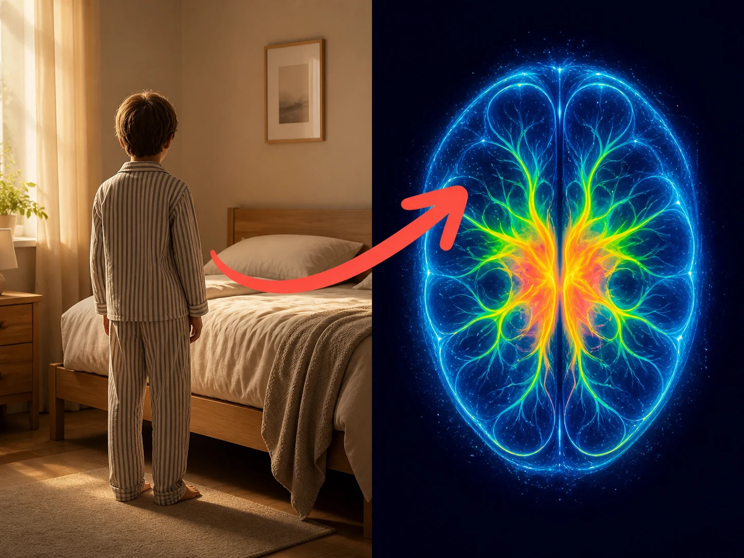 Child standing beside a bed next to an abstract neural visualization